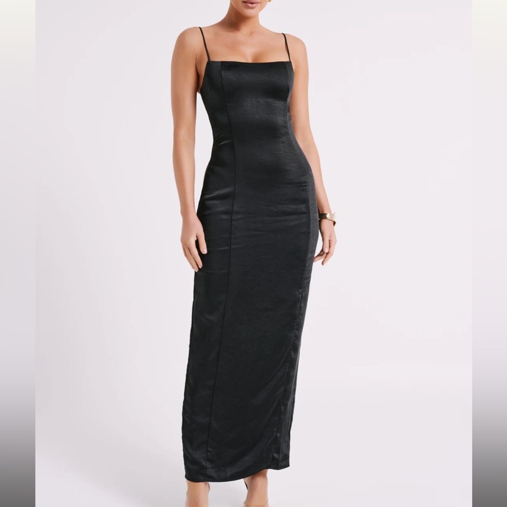 MESHKI Satin black CHRISLEY long maxi slit dress glamour bodycon slinky date